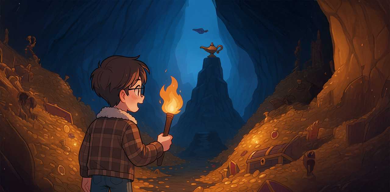 Une exploratrice dans la caverne aux merveilles d'Aladdin admire la lanterne magique