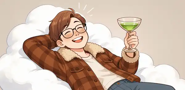 Une logo designer sur un nuage, un verre d'absinthe à la main