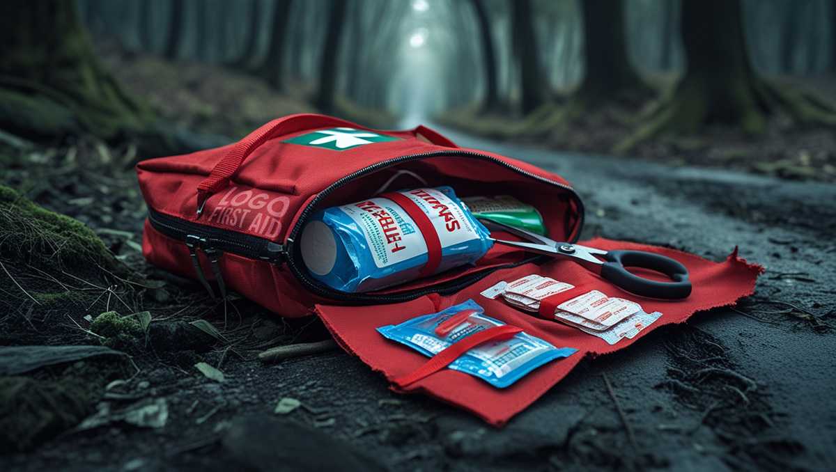 une trousse de premiers secours pour logo professionnel abandonnée au milieu d'une forêt sinistre
