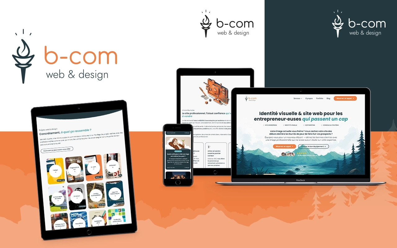 Mockup du projet de refonte de l'identité visuelle et site vitrine de b-com, web & design