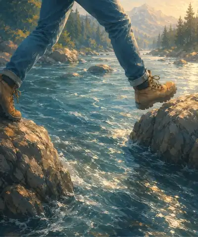 Deux jambes qui traversent une rivière en sautant d'un rocher à l'autre