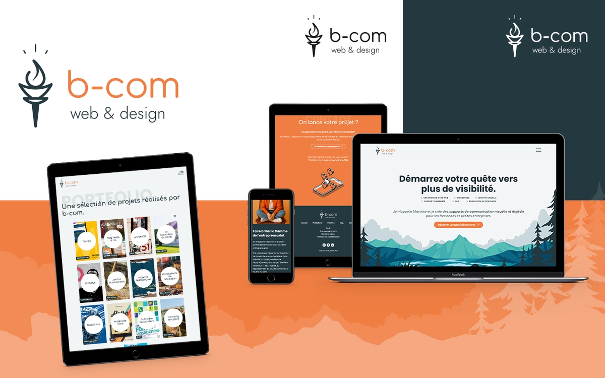 Mockup du projet de refonte de l'identité visuelle et site vitrine de b-com, web & design