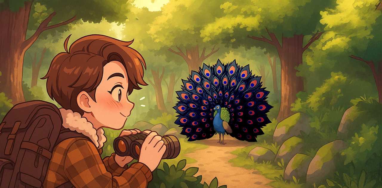 Créer une communication visuelle qui a de l'impact : illustration d'une paon multicolore dans les bois avec une exploratrice qui l'observe avec admiration