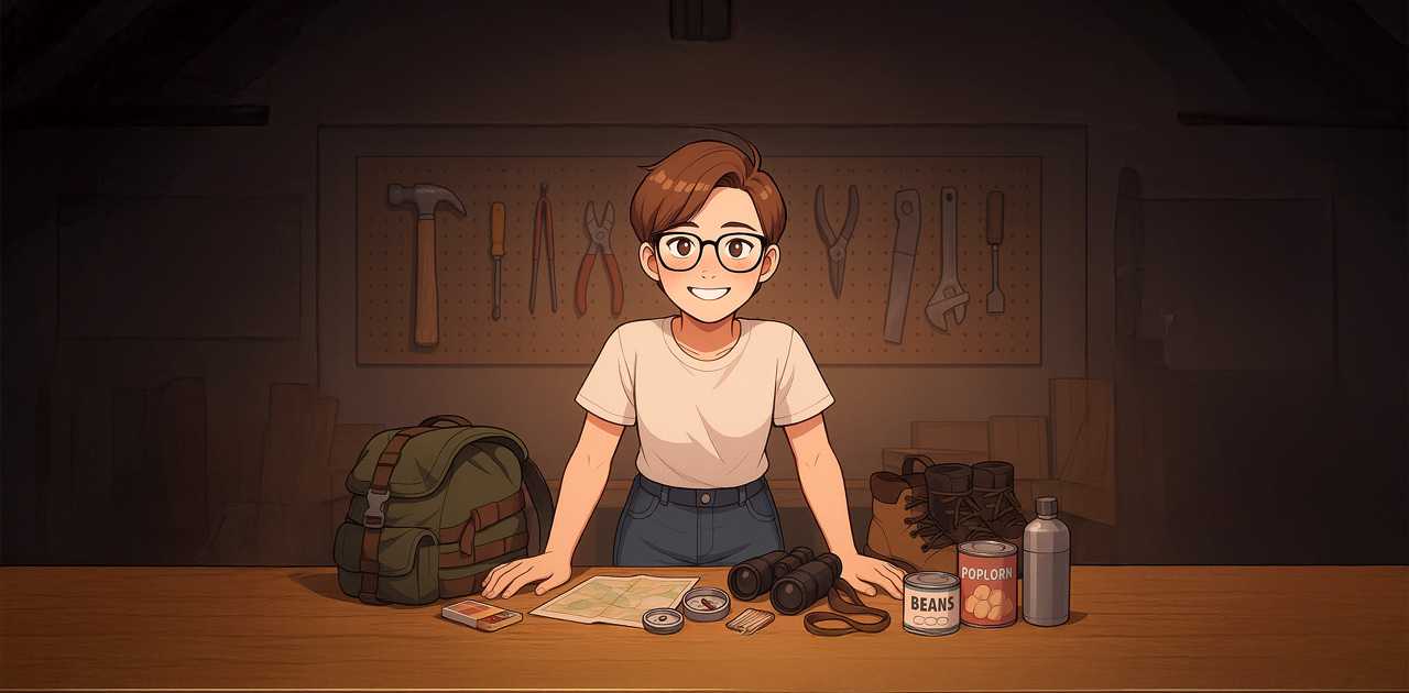 Création de site vitrine : les éléments à préparer. Illustration qui représente l'inventaire de tous les accessoires à prendre avec soi dans son sac avant de partir à l'aventure.