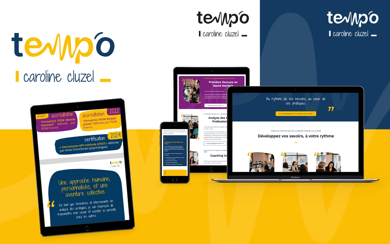 Mockup de présentation de l'identité visuelle, catalogue et site vitrine de Tempo